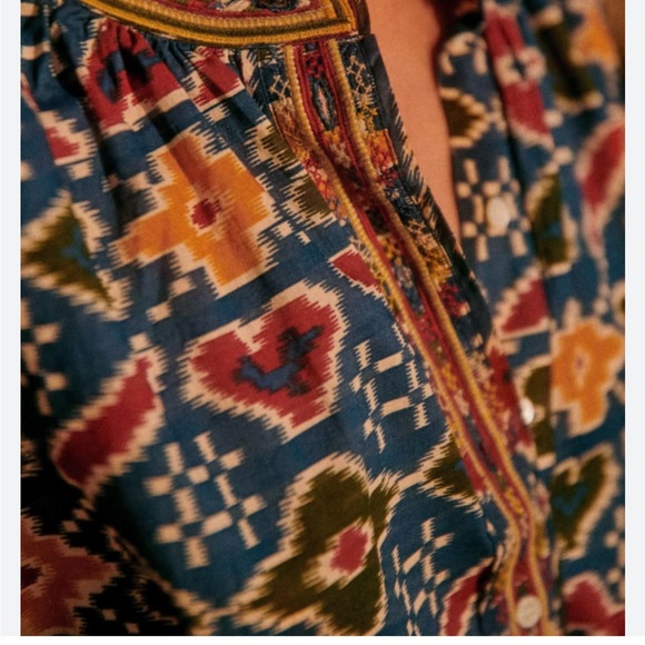 Sezane Robe Glorina Midi Dress in Candy Multicolor Ikat Print Embroidered Trim - Picture 3 of 16